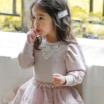 2023 Toamna coreean Uzura pentru Copii pentru Copii și de Fete la Modă Dantelă Gât Bubble Sleeve Îmbrăcăminte exterioară de Jos Tricoul