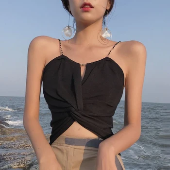 Biyaby Sexy Curea Vesta Femei Coreene Lanț Piept Folie Tricotate Tancuri Femeie 2024 Casual De Vara Pe Plajă Rochii Fara Spate Topuri De Cultură Doamna