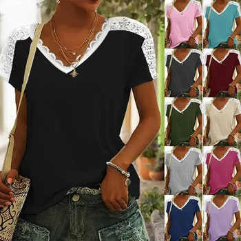Moda Femei Tricou Tricouri Gol Afară De Epocă Butonul De Vara Tricouri Bluza Top Dantela Gaura Liber Casual Cu Maneci Scurte Topuri